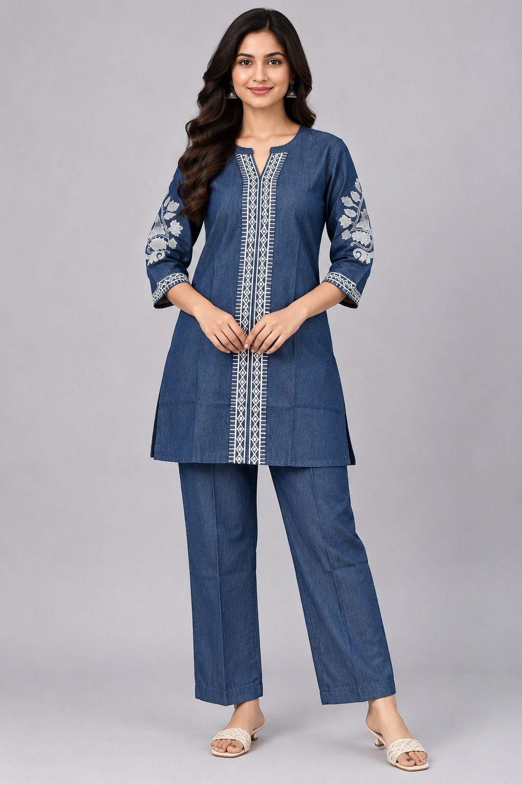 Women's Denim Blue Embroidered Co-Ord Set