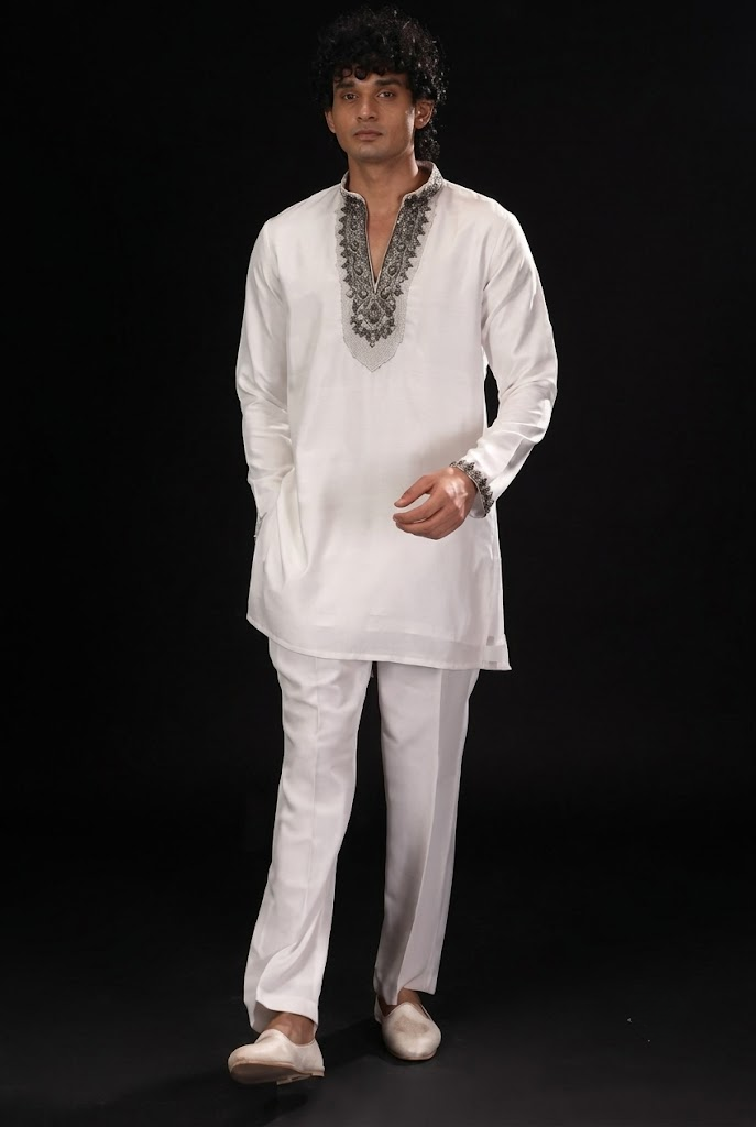 White Embroidered Neckline Kurta Set