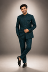 Teal Jacquard Indo-Western Jodhpuri Suit for Men