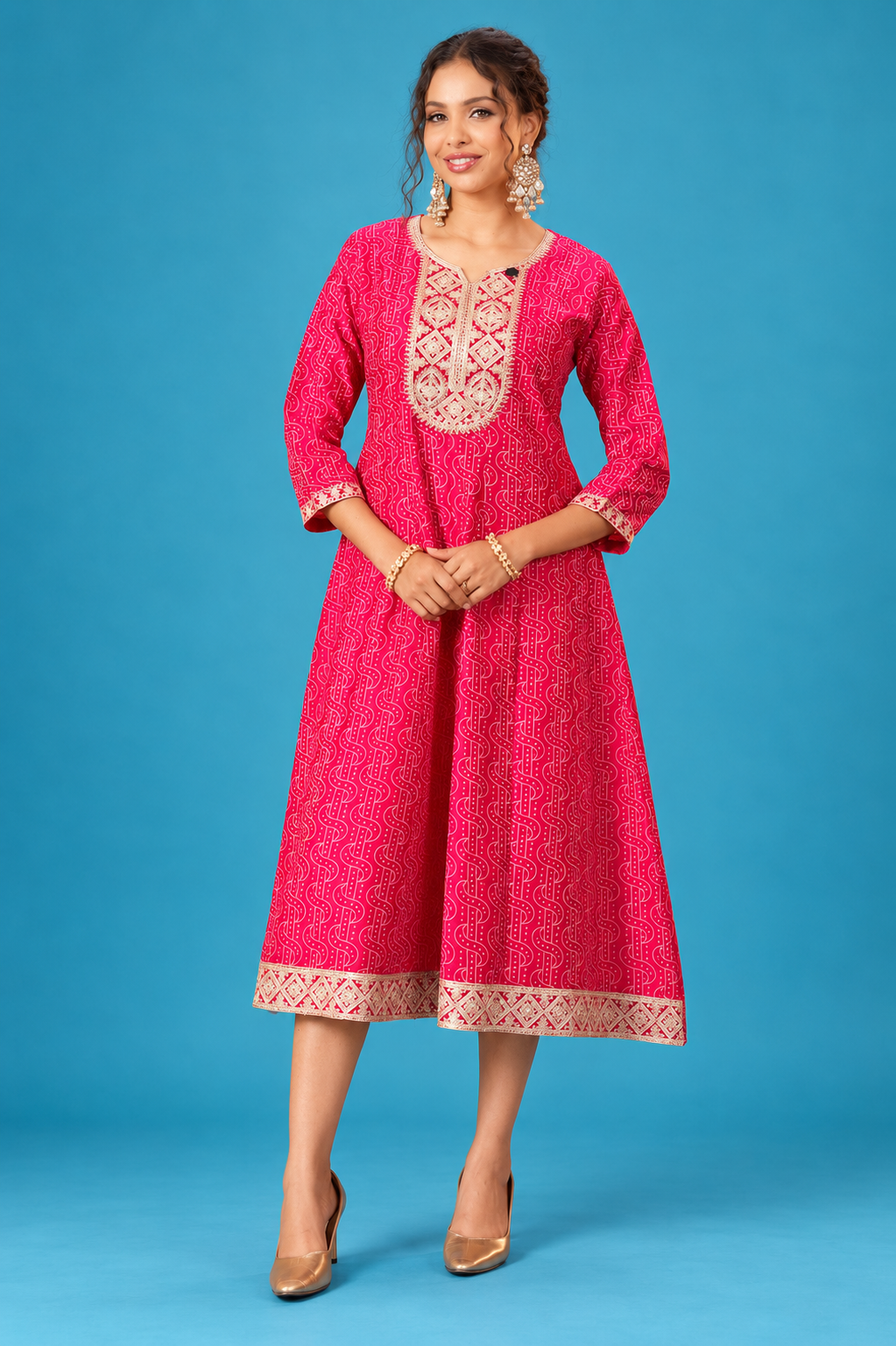 Rani Pink Printed Embroidered Flared Kurti