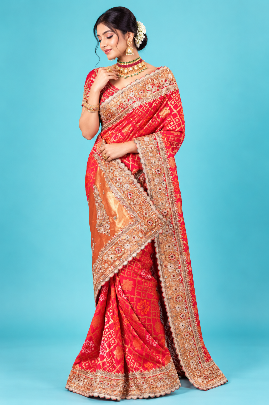 Elegant Red & Orange Designer Saree with Heavy Embroidered Border