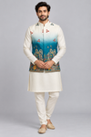 Men’s Teal Blue Ombre Peacock Embroidered Nehru Jacket