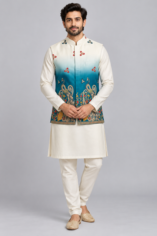Men’s Teal Blue Ombre Peacock Embroidered Nehru Jacket