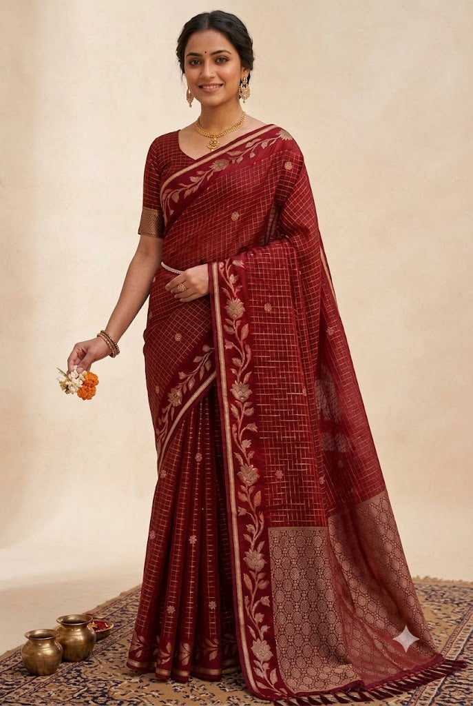 Deep Checked Silk Saree with Floral Zari Border