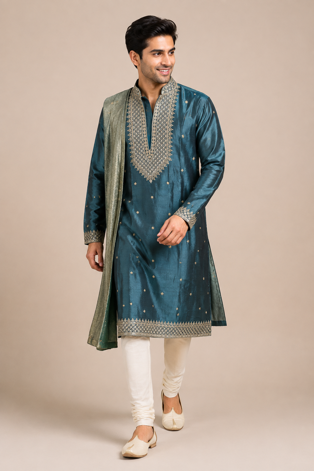 Teal Blue Embroidered Silk Kurta with Dupatta
