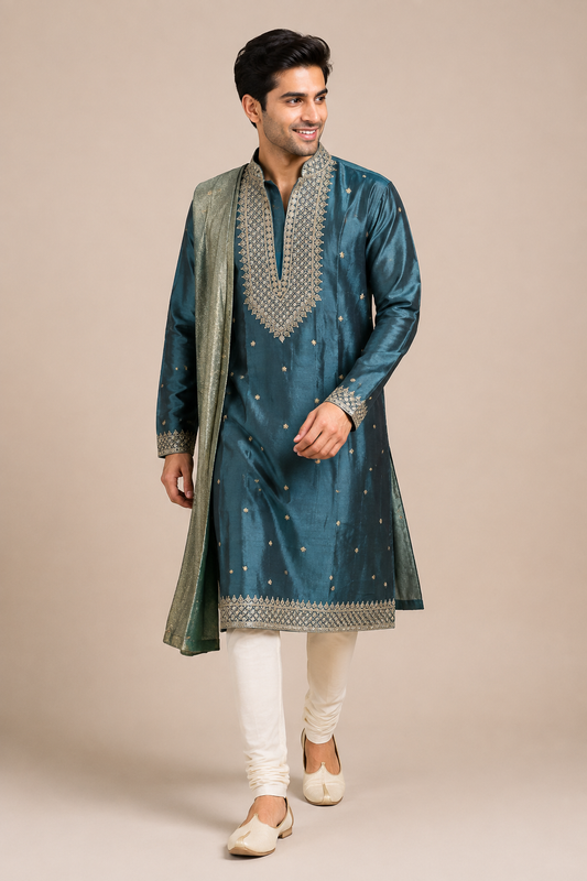 Teal Blue Embroidered Silk Kurta with Dupatta