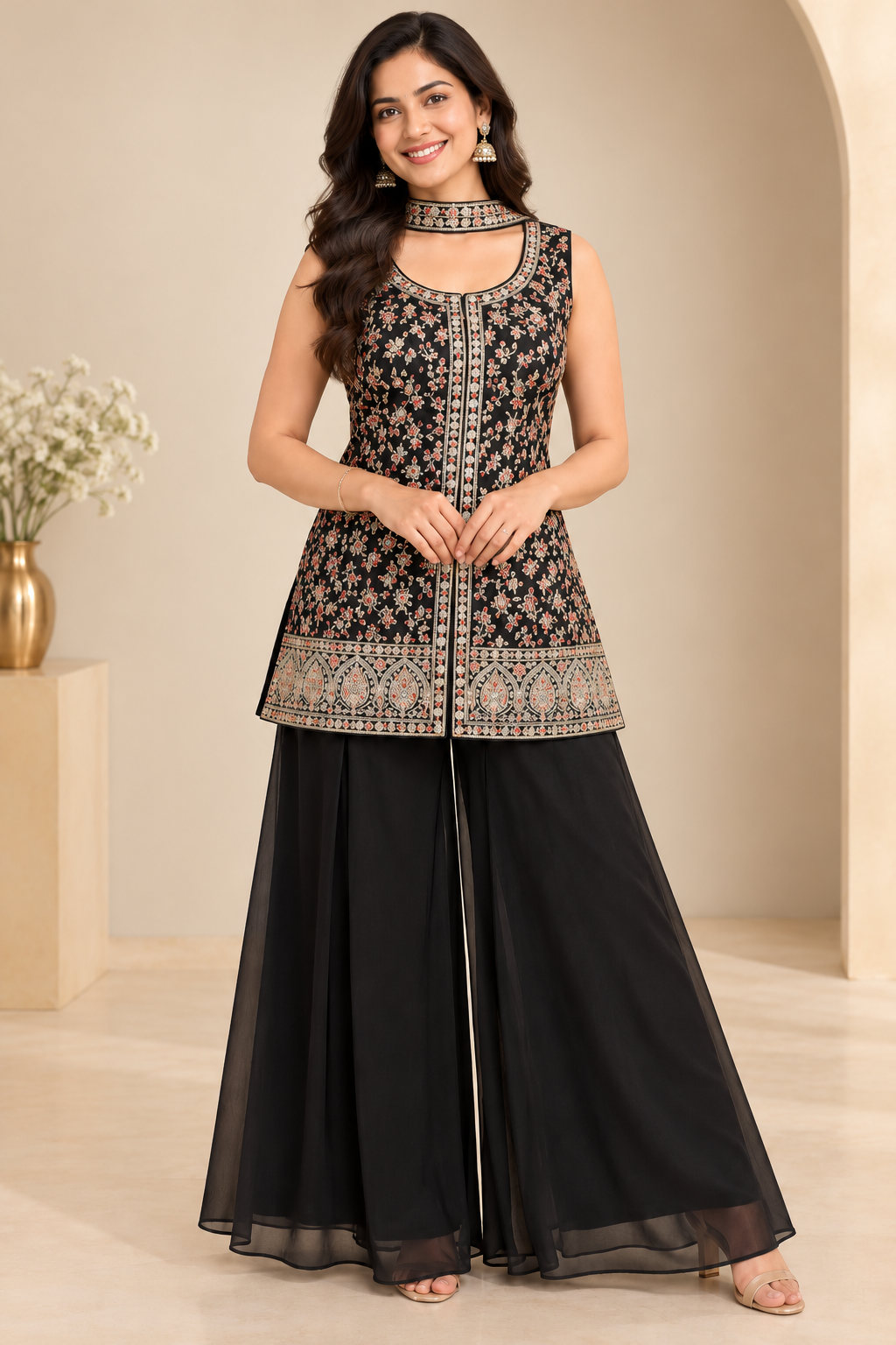 Elegant Black Embroidered Kurta with Palazzo Set