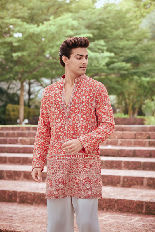 Coral Red Heritage Printed Kurta