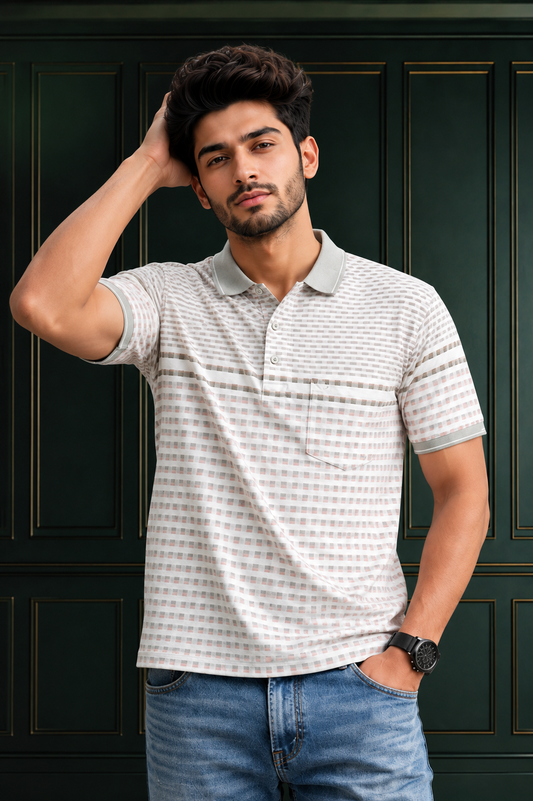 Men's Premium White & Grey Textured Polo T-Shirt
