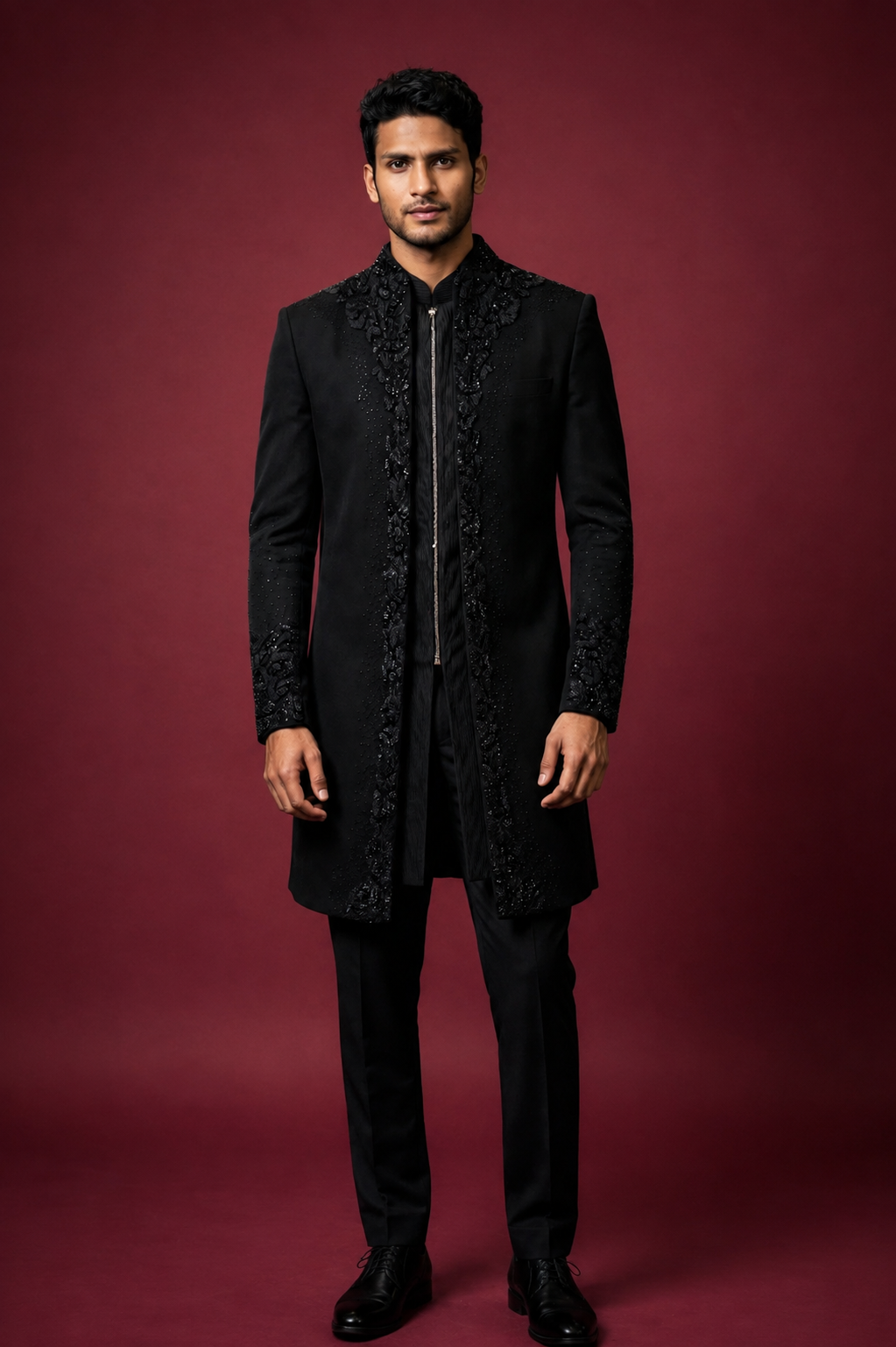 Black Embroidered Indo-Western Sherwani Set
