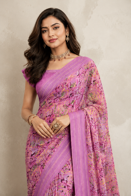 Women's Orchid Pink Floral Printed Saree with Elegant Woven Border | Lightweight Festive & Party Wear