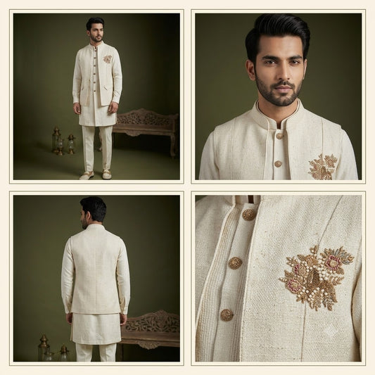 Ivory Embroidered Indo-Western Jacket Kurta Set