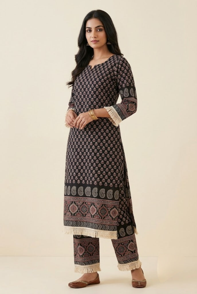 Black Printed Straight Kurta with Matching Pants & Fringe Border Detail