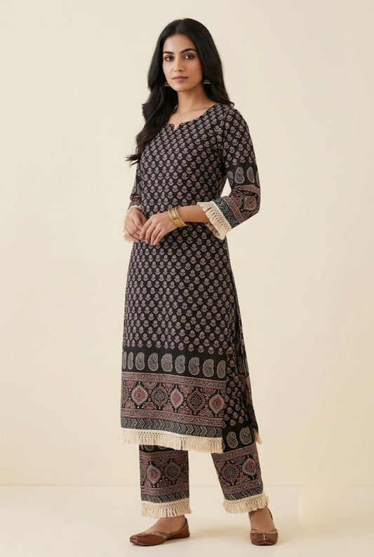 Black Printed Straight Kurta with Matching Pants & Fringe Border Detail