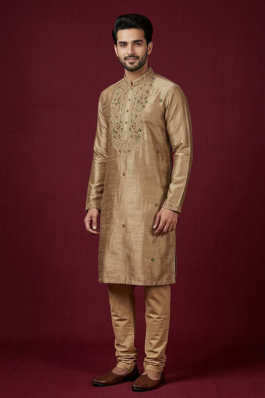 Golden Beige Embroidered Festive Kurta Set