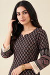Black Printed Straight Kurta with Matching Pants & Fringe Border Detail