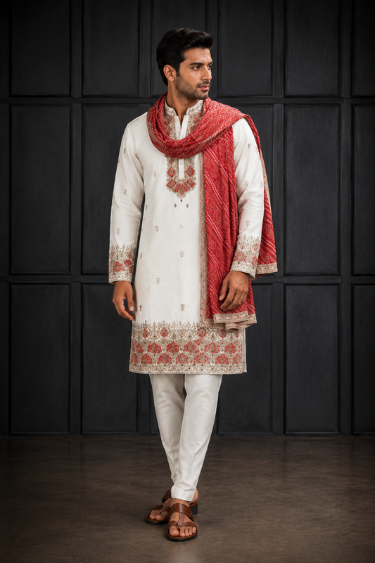 White Embroidered Kurta with Red Bandhani Stole