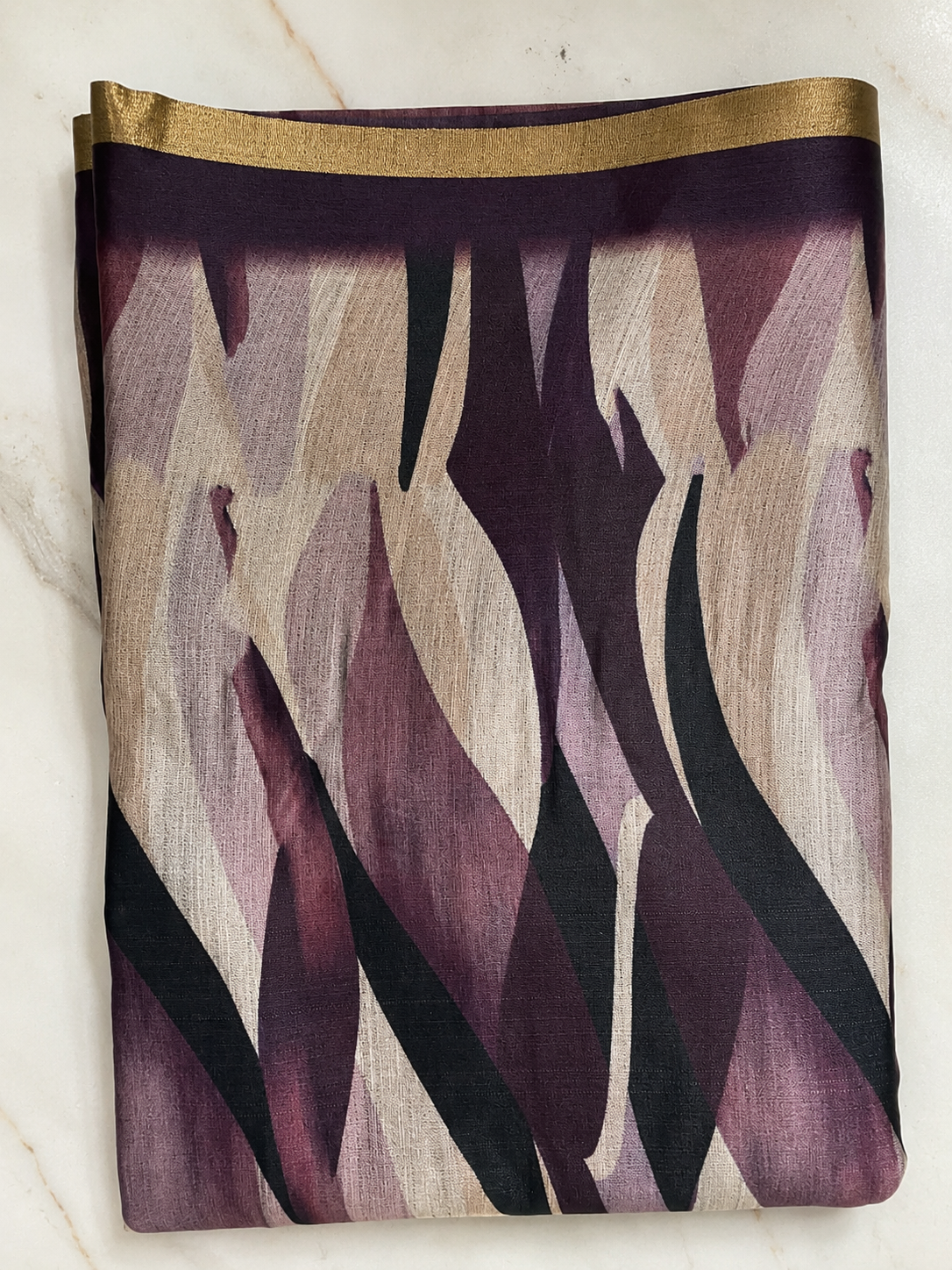 Royal Purple Abstract Print Designer Saree with Elegant Gold Border