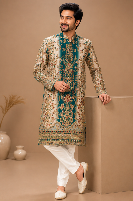 Regal Teal Heritage Print Kurta
