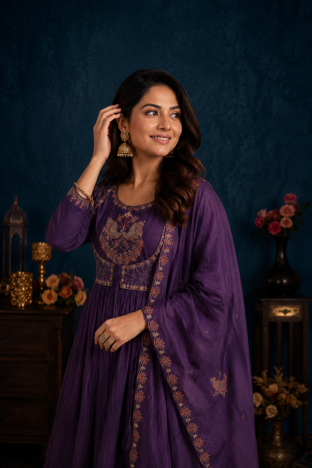 Royal Purple Embroidered Anarkali Kurta Pant & Dupatta Set