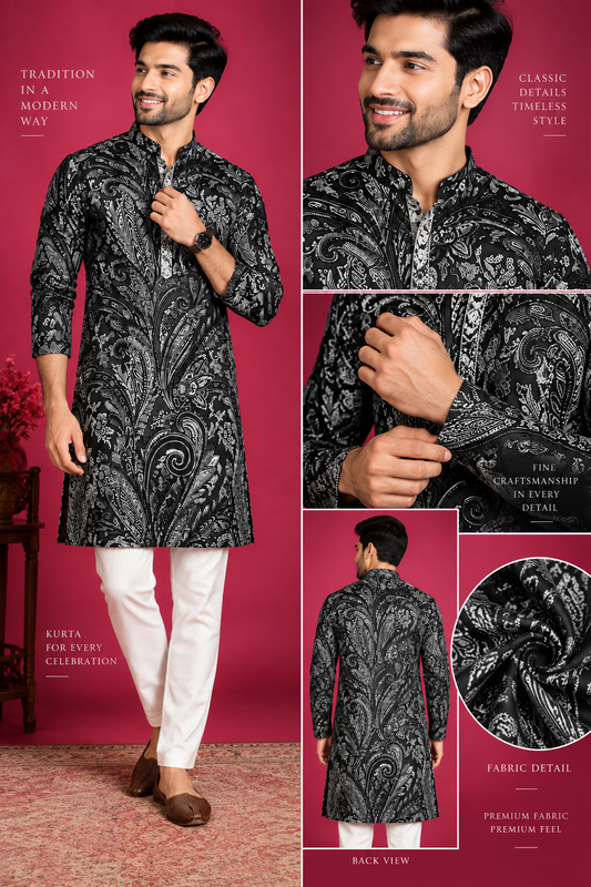 Black Paisley Print Festive Kurta Set