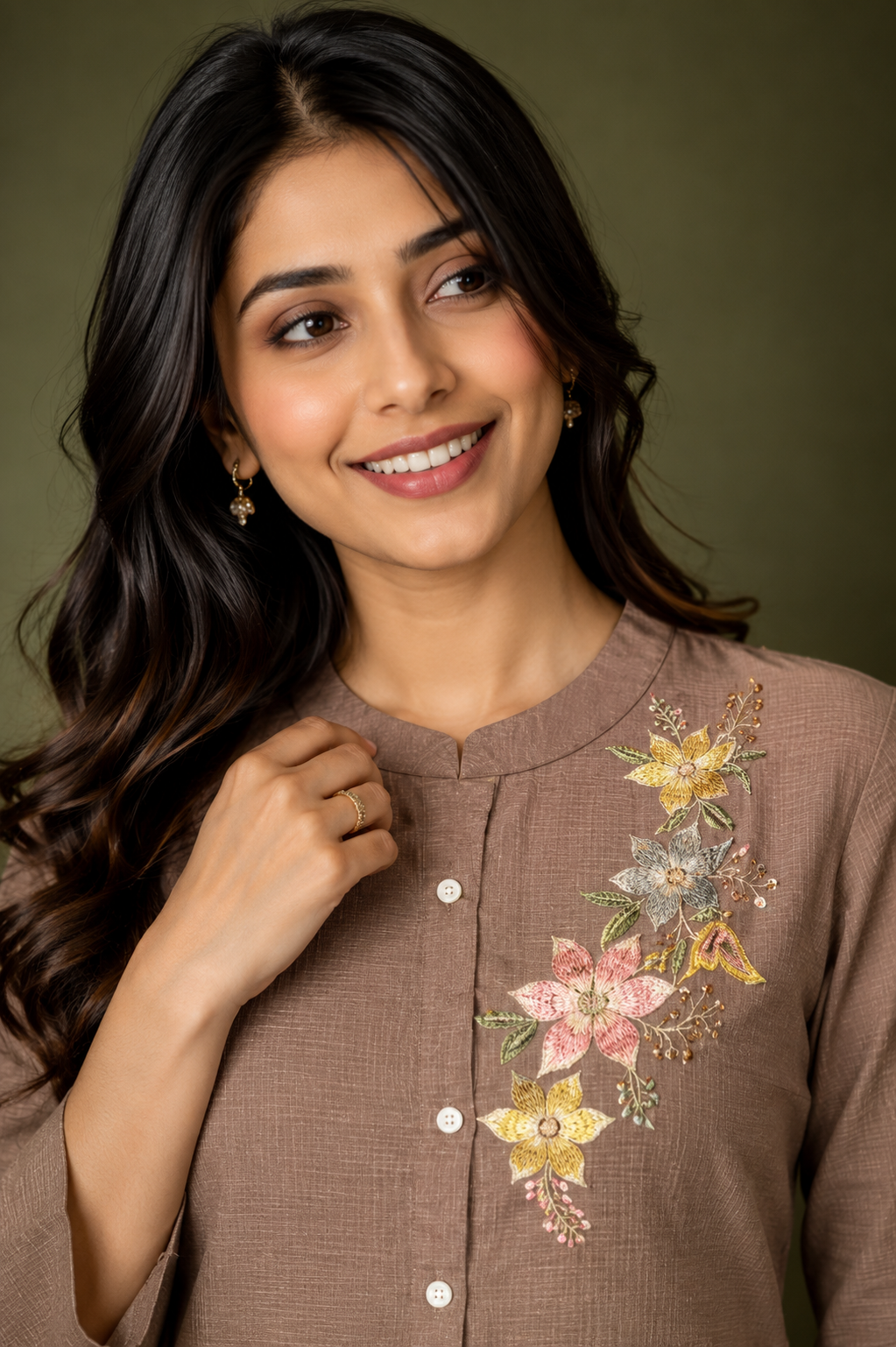 Mocha Brown Floral Embroidered Kurta Pant Set