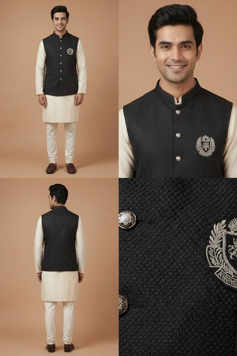 Black Textured Nehru Jacket