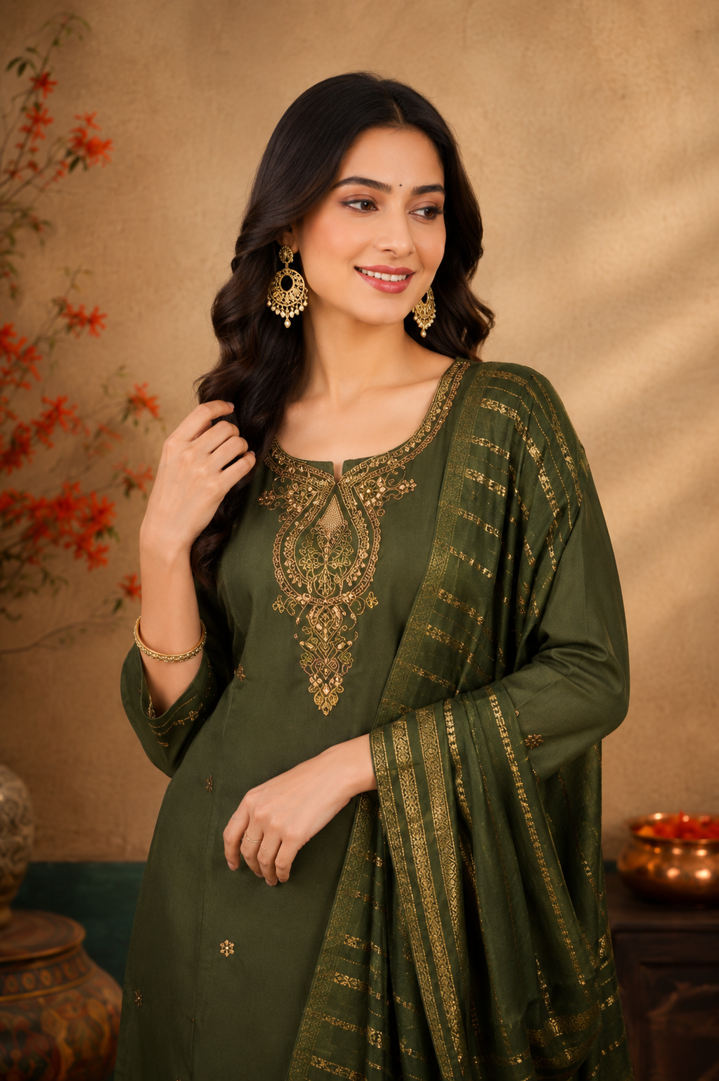 Elegant Olive Green Embroidered Kurti Pant & Dupatta Set