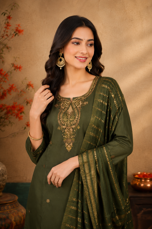 Elegant Olive Green Embroidered Kurti Pant & Dupatta Set