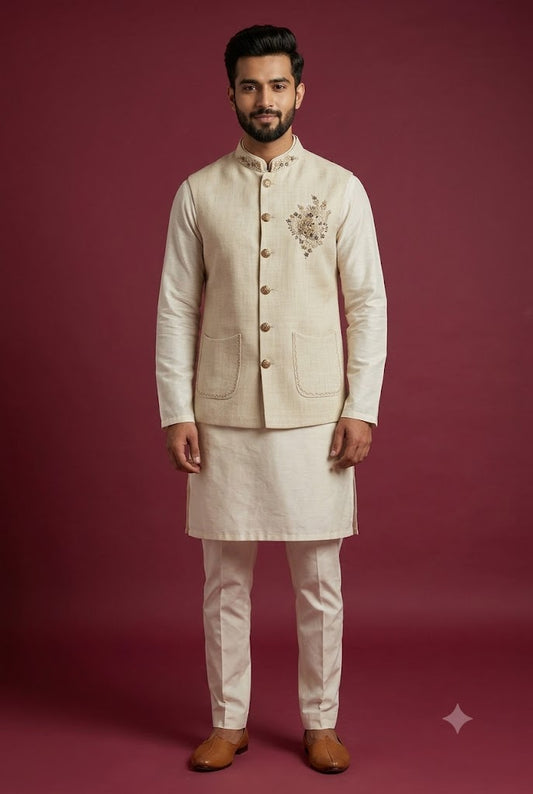 Ivory Embroidered Nehru Jacket
