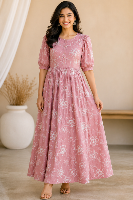 Dusty Rose Floral Printed Puff Sleeve Maxi Dress