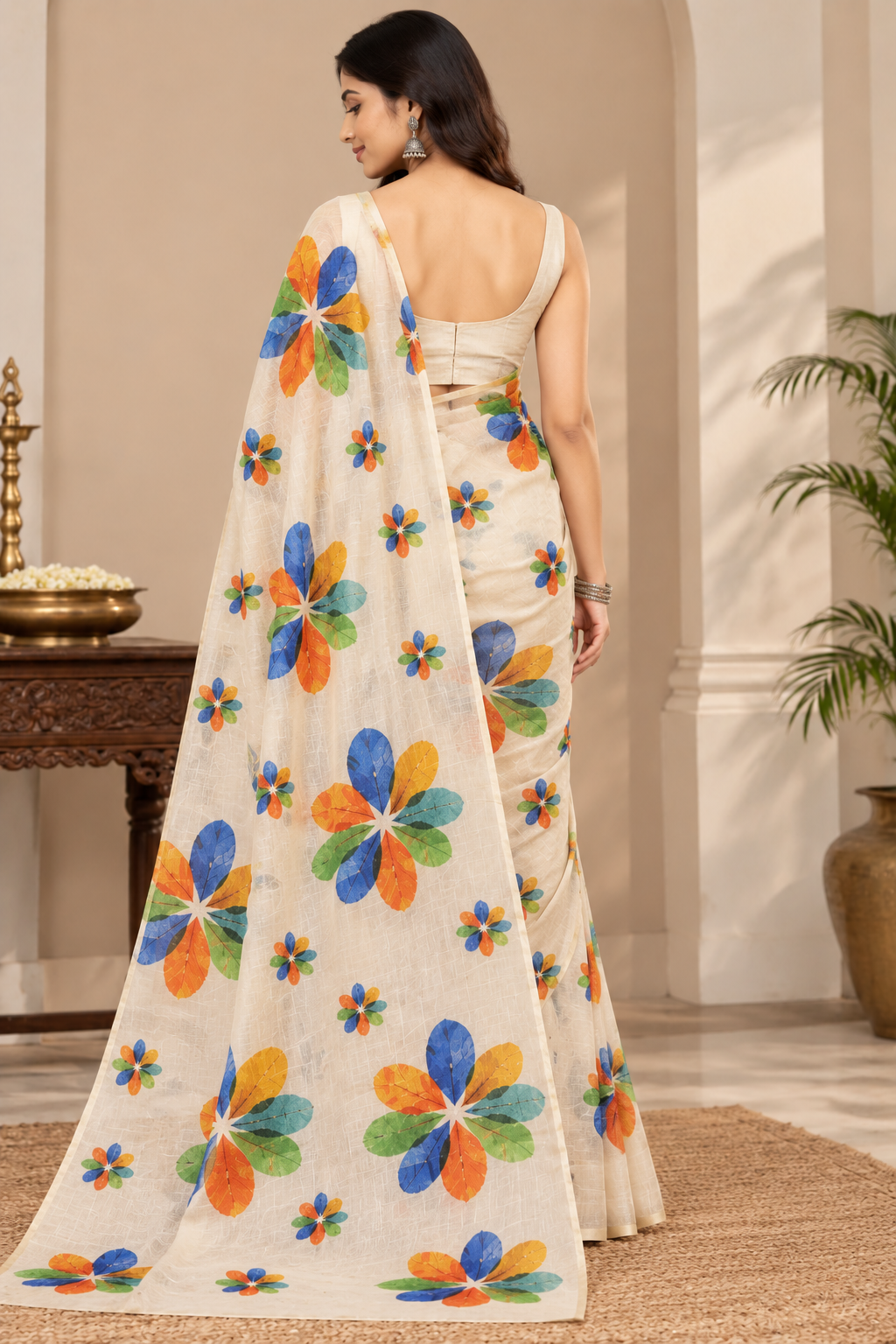 Ivory Multicolor Floral Print Saree