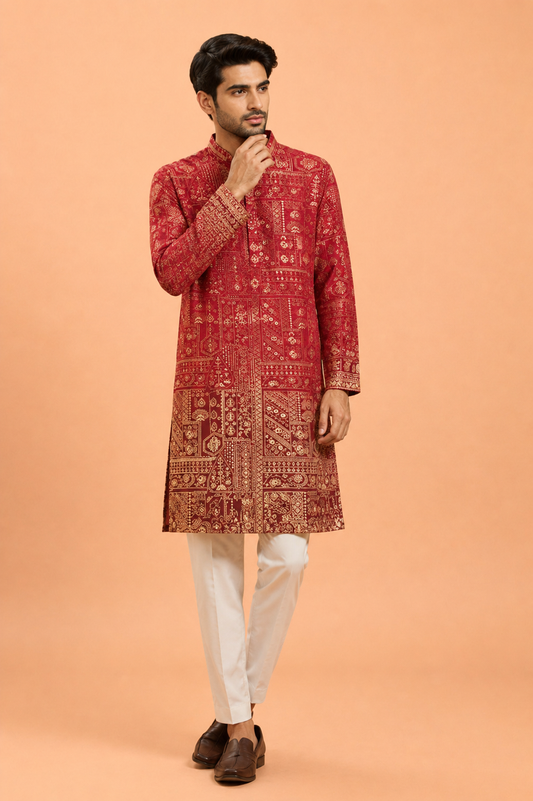 Royal Red Heritage Print Festive Kurta