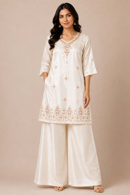 Women’s Off White Embroidered Coord Set with Palazzo Pant