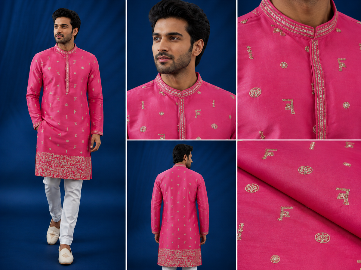 Rani Pink Embroidered Men’s Festive Kurta