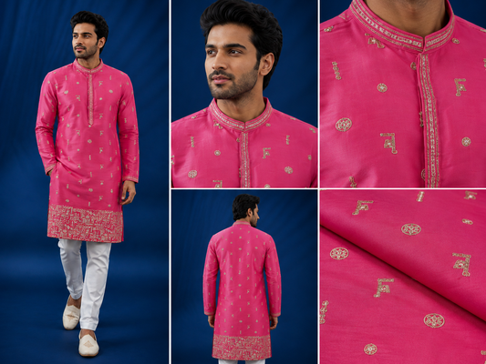 Rani Pink Embroidered Men’s Festive Kurta