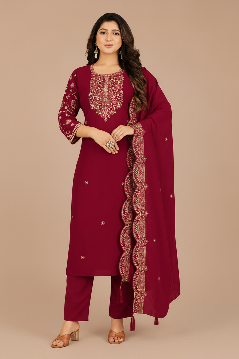 Maroon Embroidered Kurta Pant & Dupatta Set for Women
