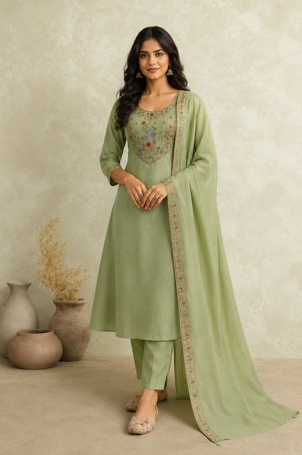 Elegant Sage Green Embroidered Kurta Pant Dupatta Set for Women