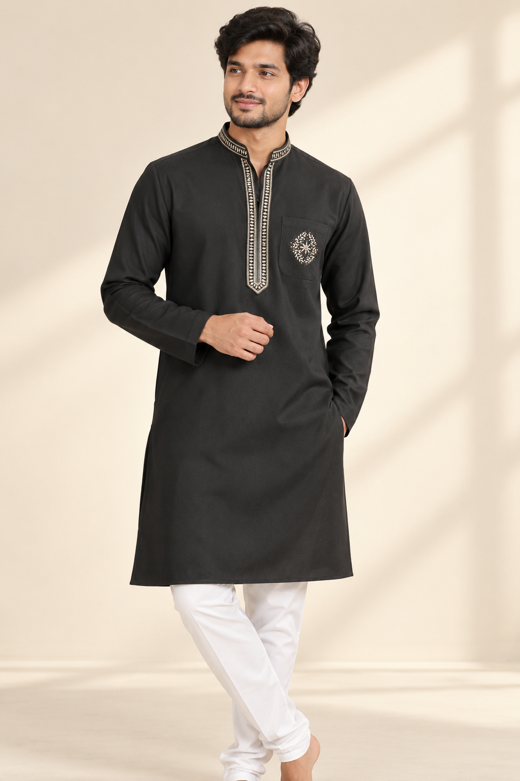 Black Embroidered Ethnic Kurta for Men
