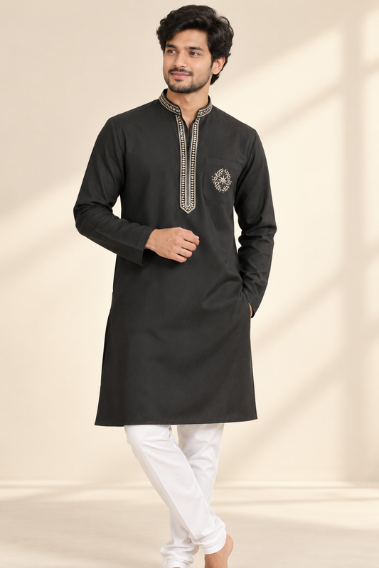 Black Embroidered Ethnic Kurta for Men