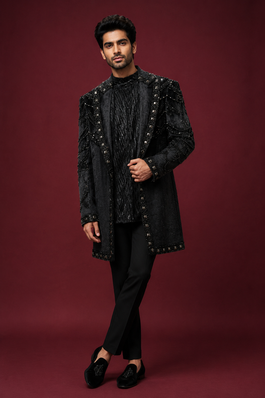 Black Embellished Indo-Western Long Jacket Set