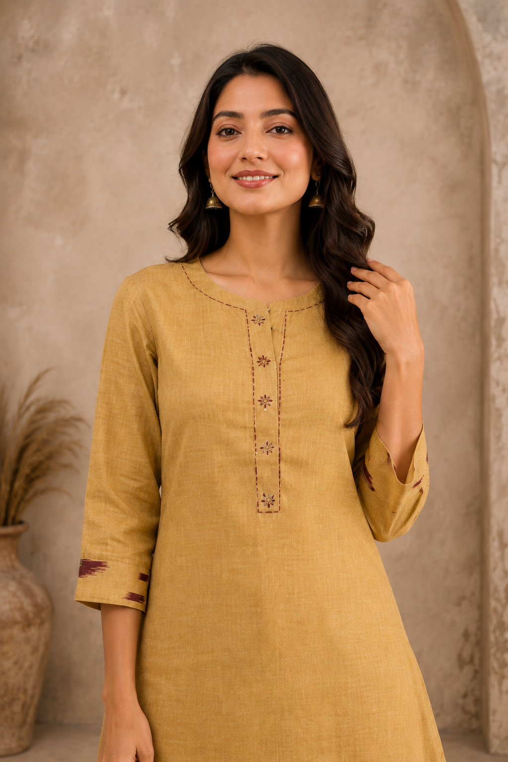 Women's Mustard Cotton Blend Kurti & Printed Straight Pant Co-ord Set