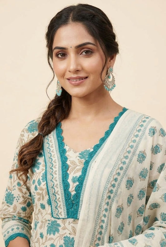 Off-White & Teal Floral Block Print A-Line Kurta Set with Lace Hem & Dupatta