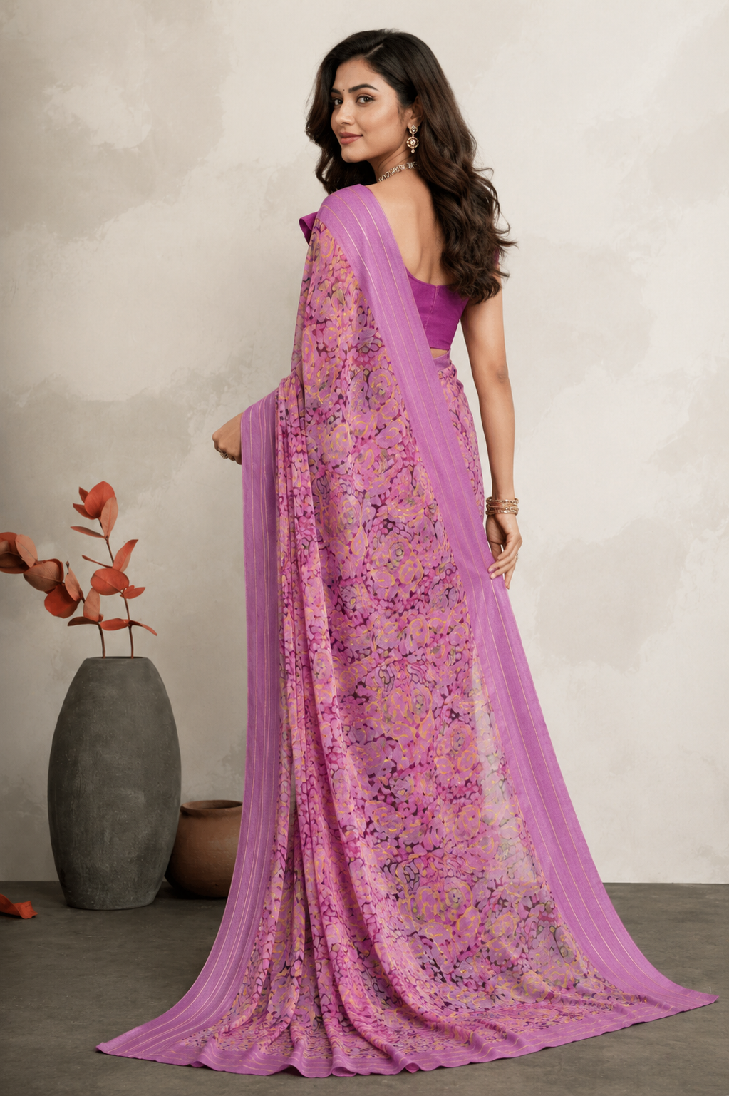 Women's Orchid Pink Floral Printed Saree with Elegant Woven Border | Lightweight Festive & Party Wear