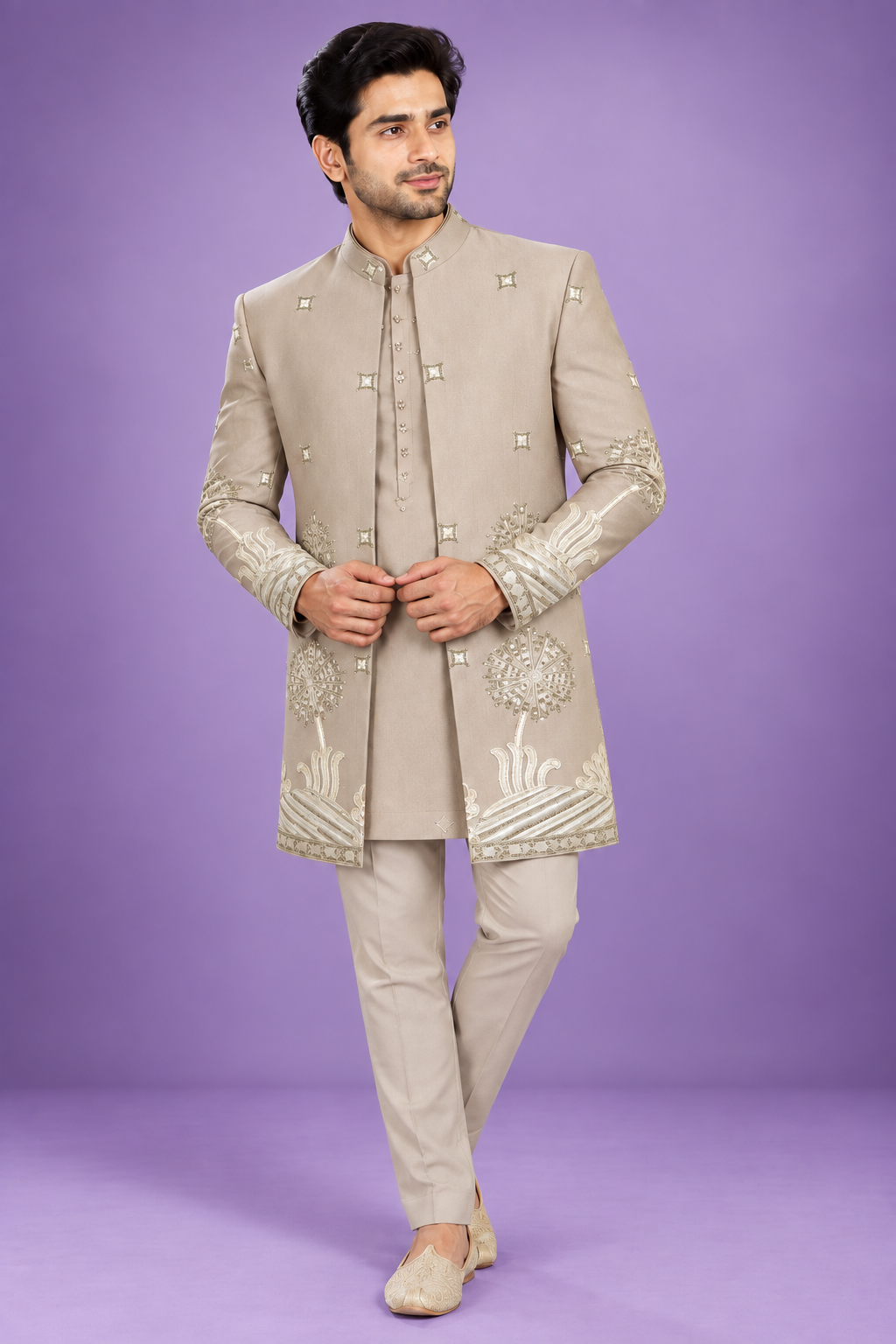Beige Embroidered Indo-Western Sherwani Set