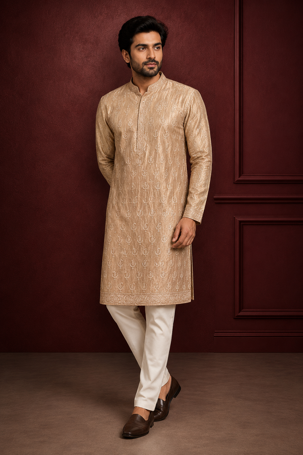 Champagne Gold Embroidered Men’s Festive Kurta