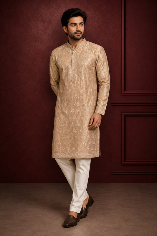 Champagne Gold Embroidered Men’s Festive Kurta