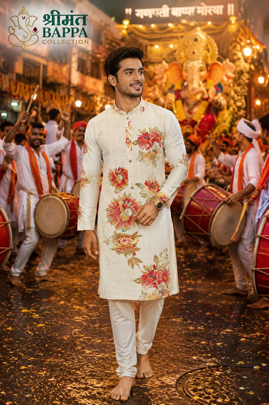 Ivory Floral Print Traditional Kurta Set