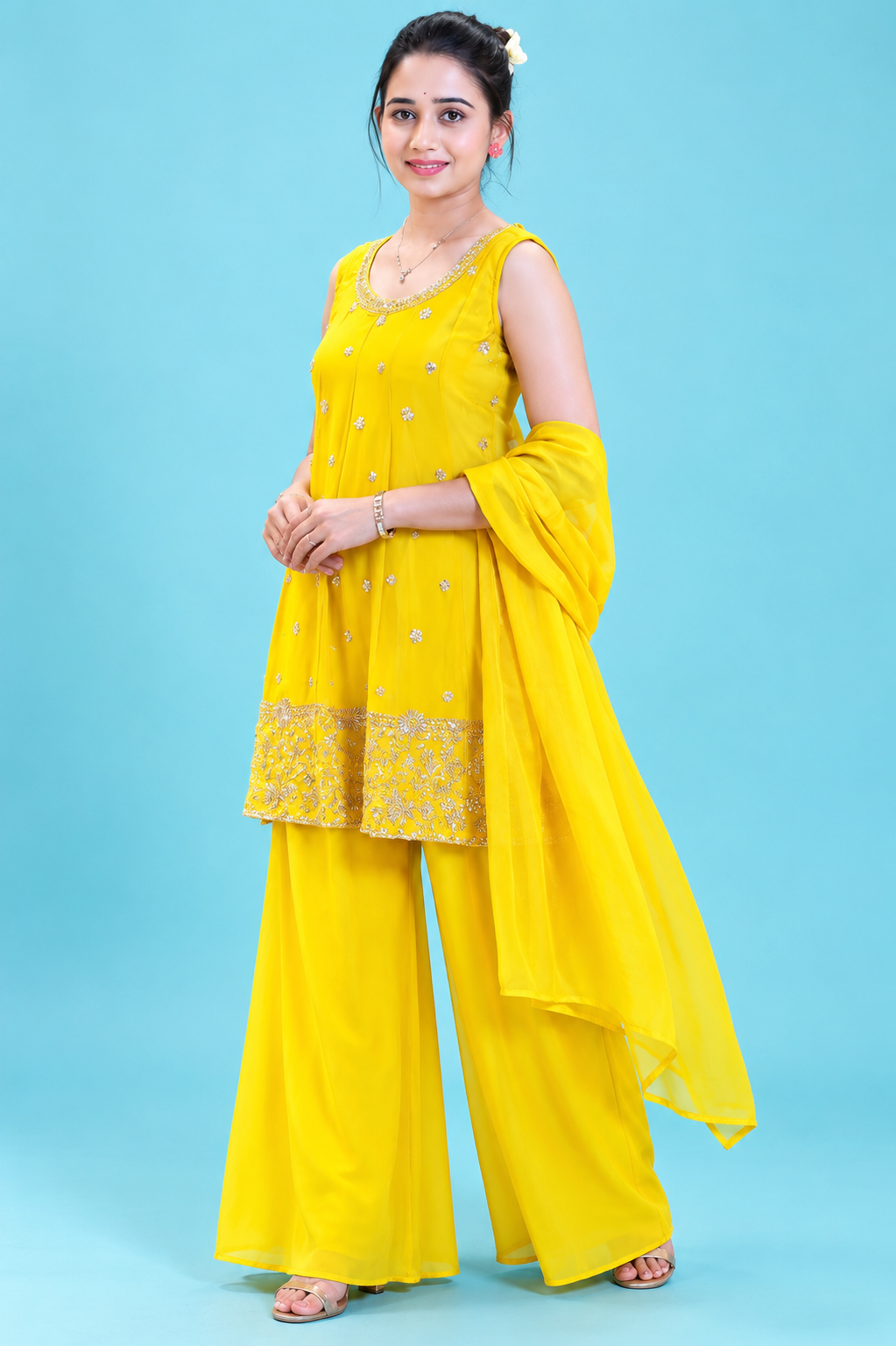 Elegant Sunshine Yellow Embroidered Sharara Set with Dupatta