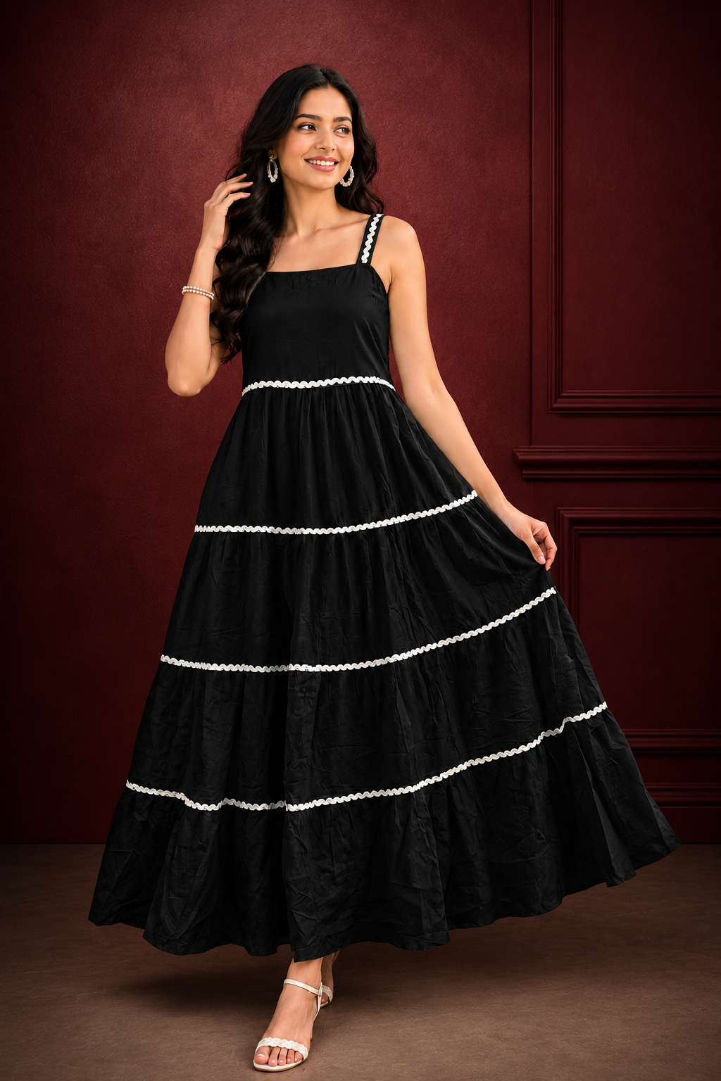 Elegant Black Tiered Maxi Dress with White Trim